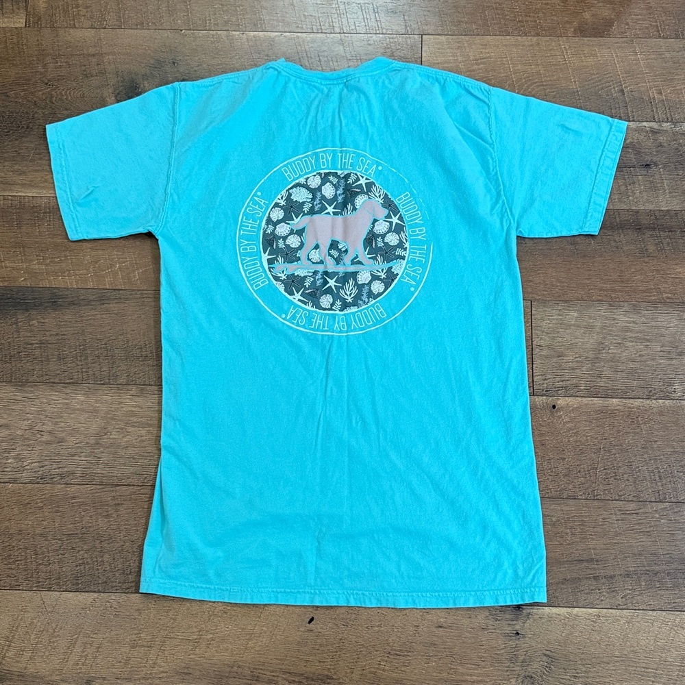 Buddy by the Sea Mint Blue Graphic Tee with Small Dog Logo